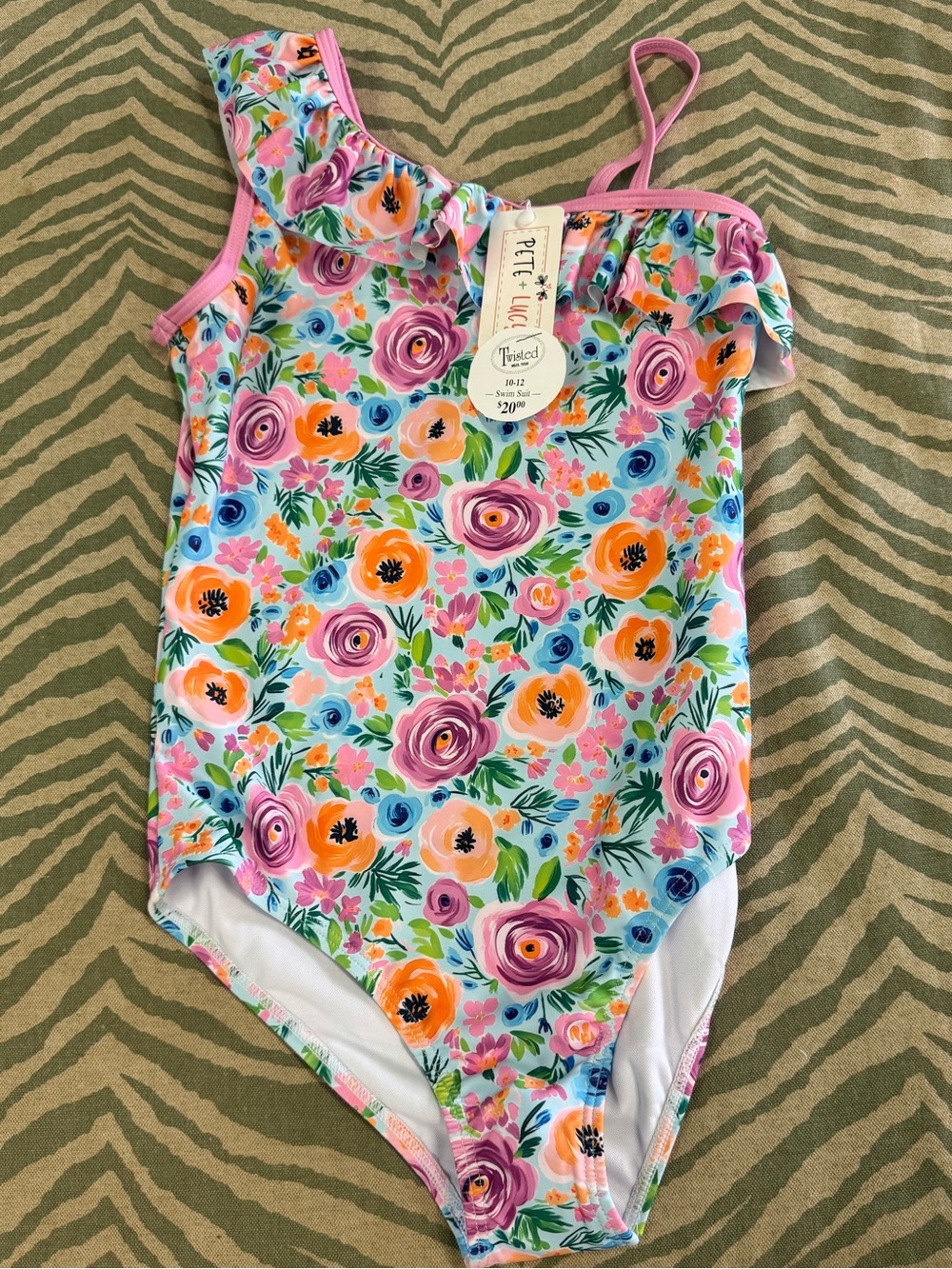 Pete & Lucy One-Shoulder Floral Swim Suit - Pink, Orange, Purple, Blue, Green